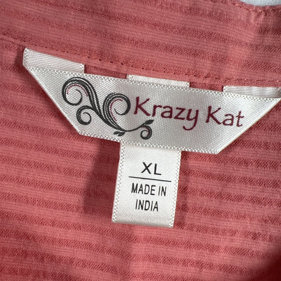 Krazy Kat 女式衬衫上衣 XL 珊瑚色 100% 棉卷片纽扣刺绣 — 第 3/4 张图片