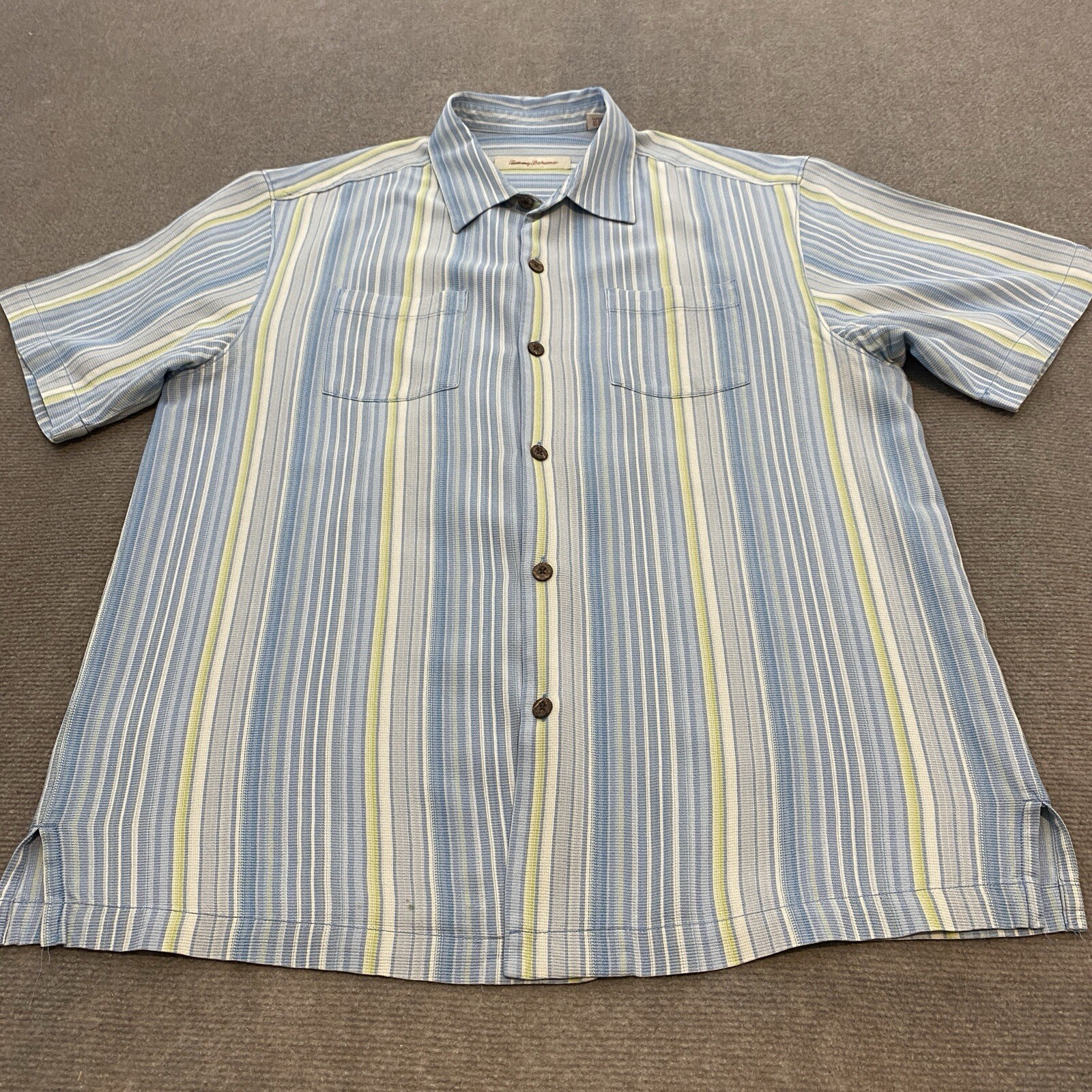 Tommy Bahama Silk Shirt Mens Large Blue Striped Short Sleeve Beach Party