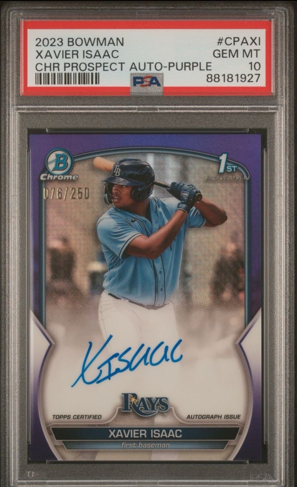 2023 Bowman Xavier Isaac Chrome Prospect Auto Purple #CPAXI /250 PSA 10