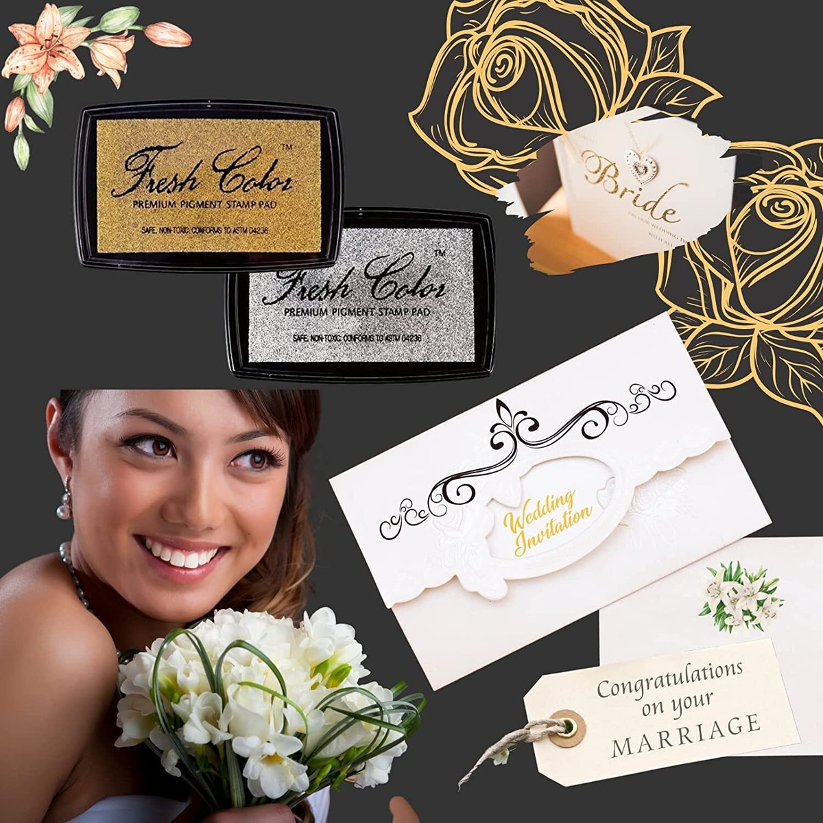 Ink Pads for Rubber Stamps, Wedding Card, Wedding Invitation (Gold and