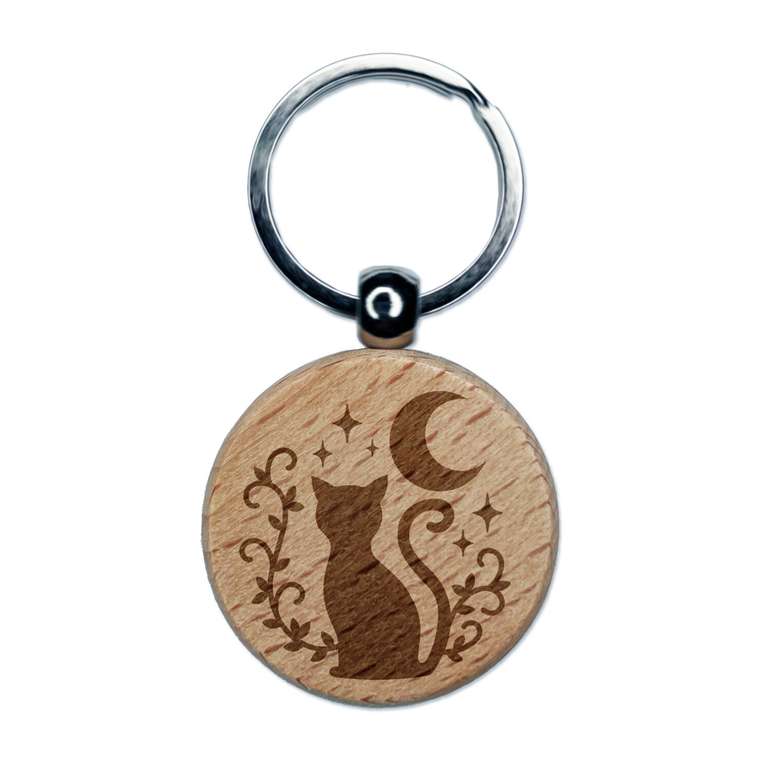 Dije llavero redondo grabado en madera con estrellas lunares de gato