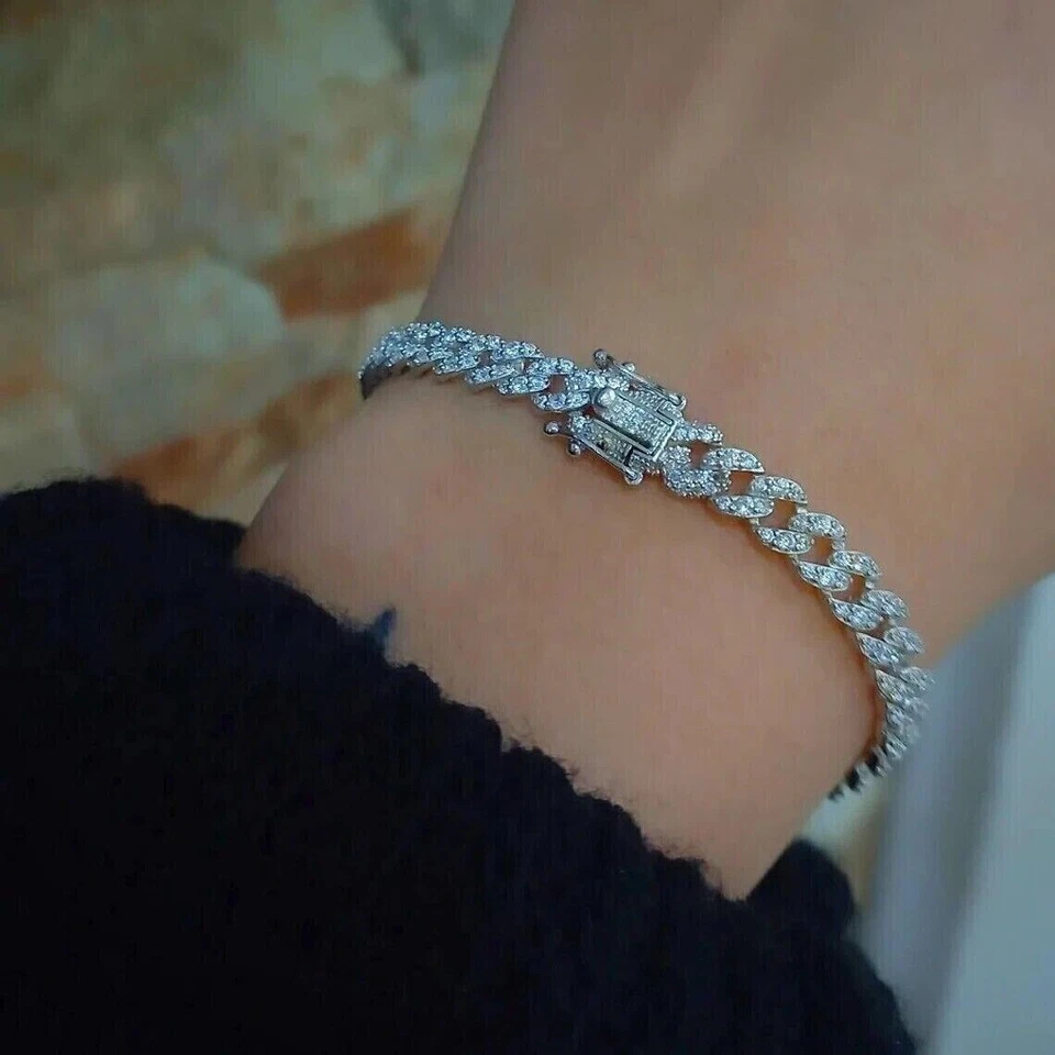 5Ct Round Simulated Diamond Women's Miami Cuban Link Chain 14K White Gold Plated - Image 2 of 4