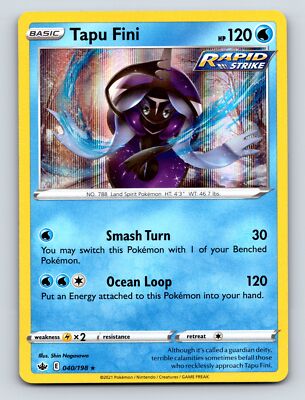 Basic Tapu Fini HP 120 Rapid Strike Ocean Loop Rarity Blue Card | eBay
