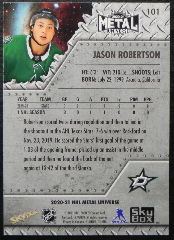 2020-21 20/21 Skybox Metal Universe ROOKIE SP #101 Jason Robertson Dallas Stars - Image 2 of 2
