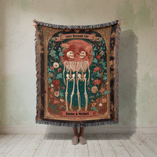 Personalized Skeleton Couple Woven Blanket, Custom Names Tapestry, Gothic Weddin