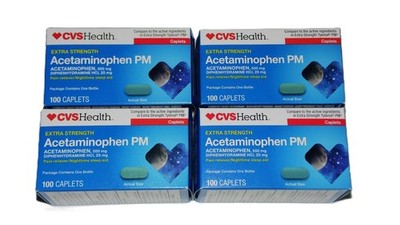 Extra Strength CVS Acetaminophen PM 100 tablets x 4 Pain Reliever EXP 01/26 / 27
