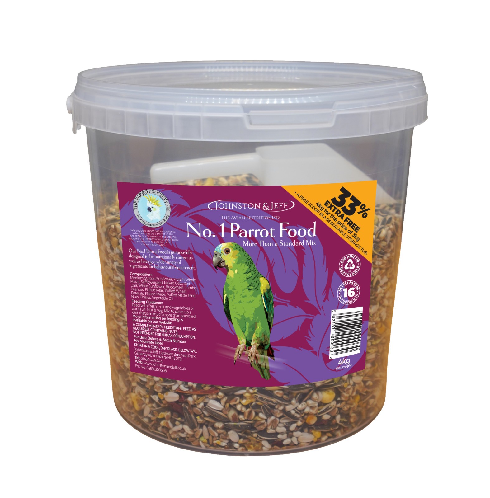 JOHNSTON & JEFF NO.1 PARROT FOOD SEED MIX DIET WITH SCOOP PARROT FEED 4KG TUB