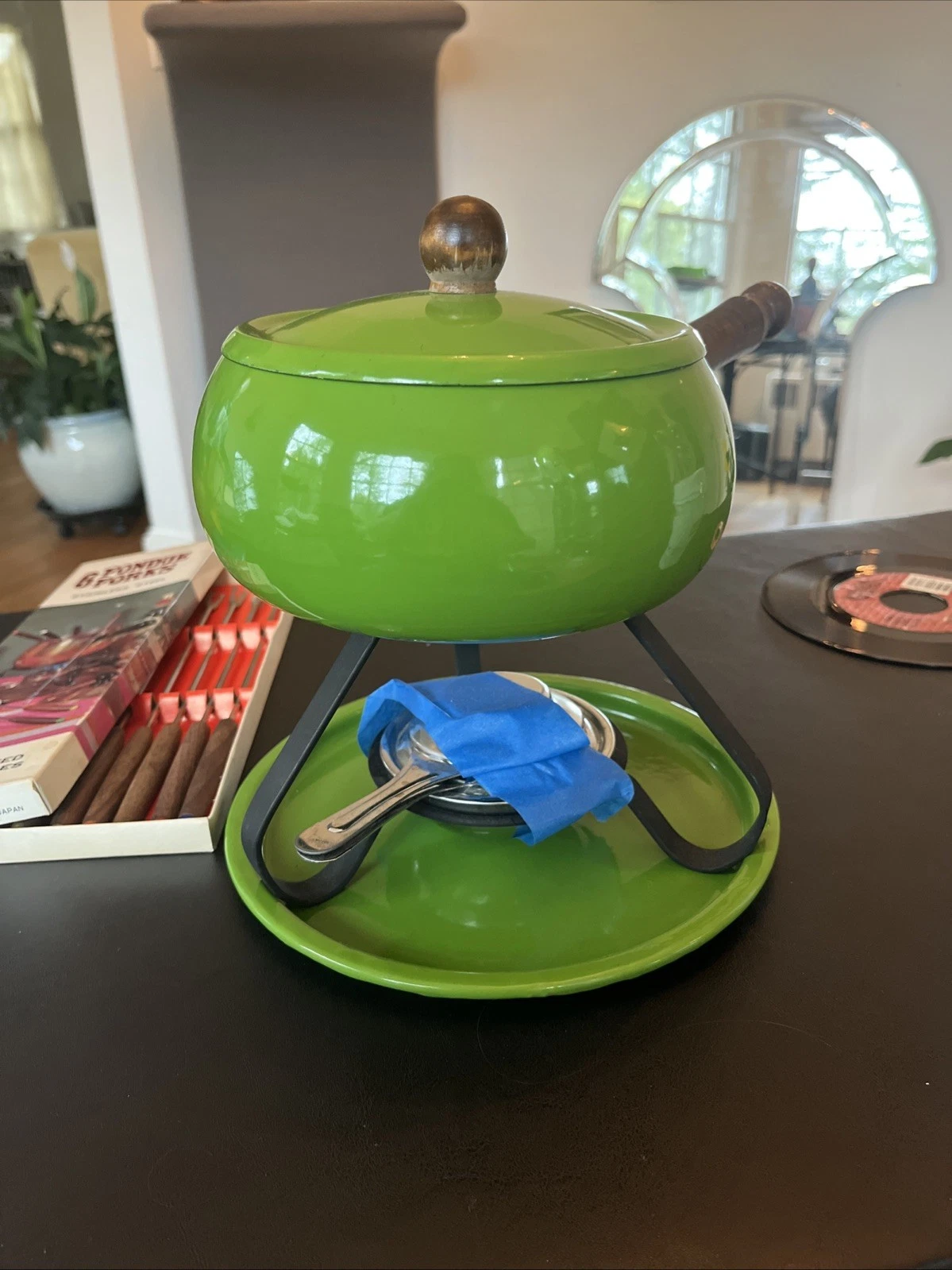 Vintage Avocado Green Fondue Pot Set with Forks MCM 1970s