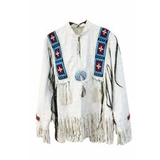 Men Native American Western Buckskin White Leather Fringe Beaded Shirt Handmad