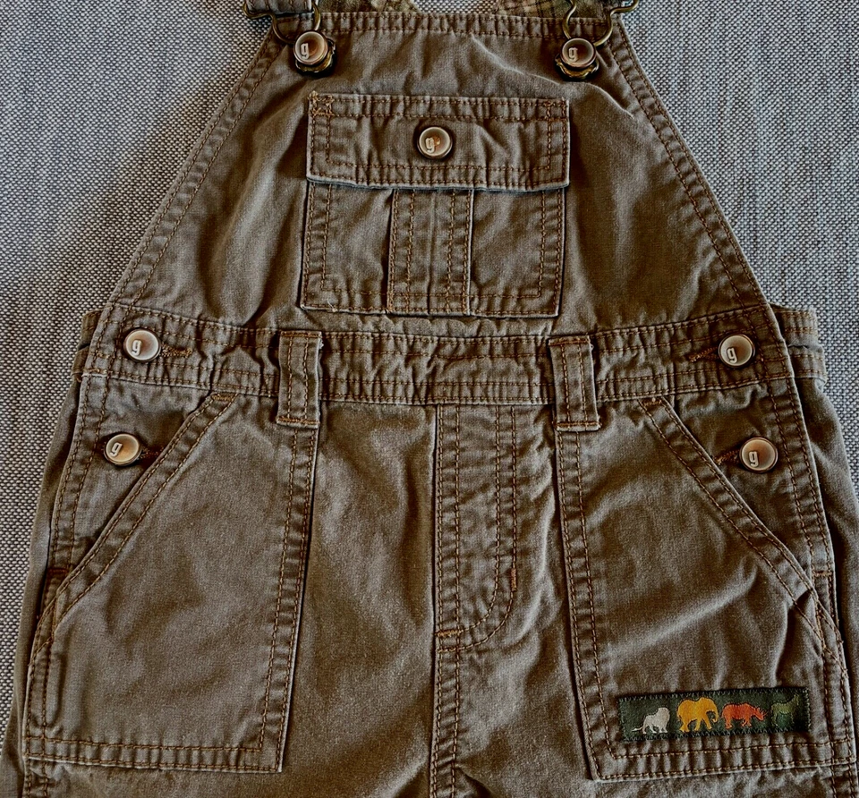 2007 GYMBOREE Safari Trek Animals Patch Cargo Shortalls Overalls 12-18M Brown - Image 2 of 4