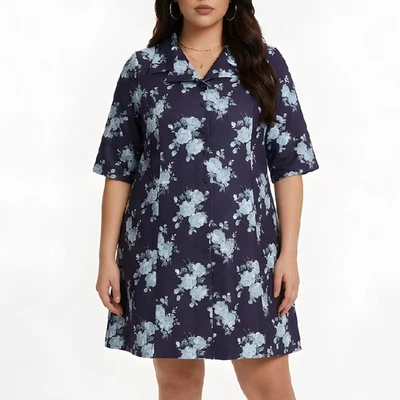 Robe chemise vintage années 70 imprimé floral - Barbarella bleu marine XL - Photo 1/4
