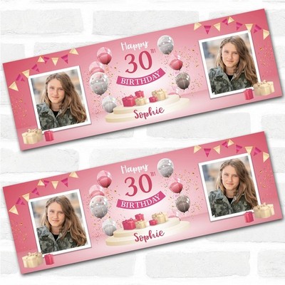 Personalisiertes Partybanner zum 30. Geburtstag mit Foto Frau rosa Luftballon Geschenk