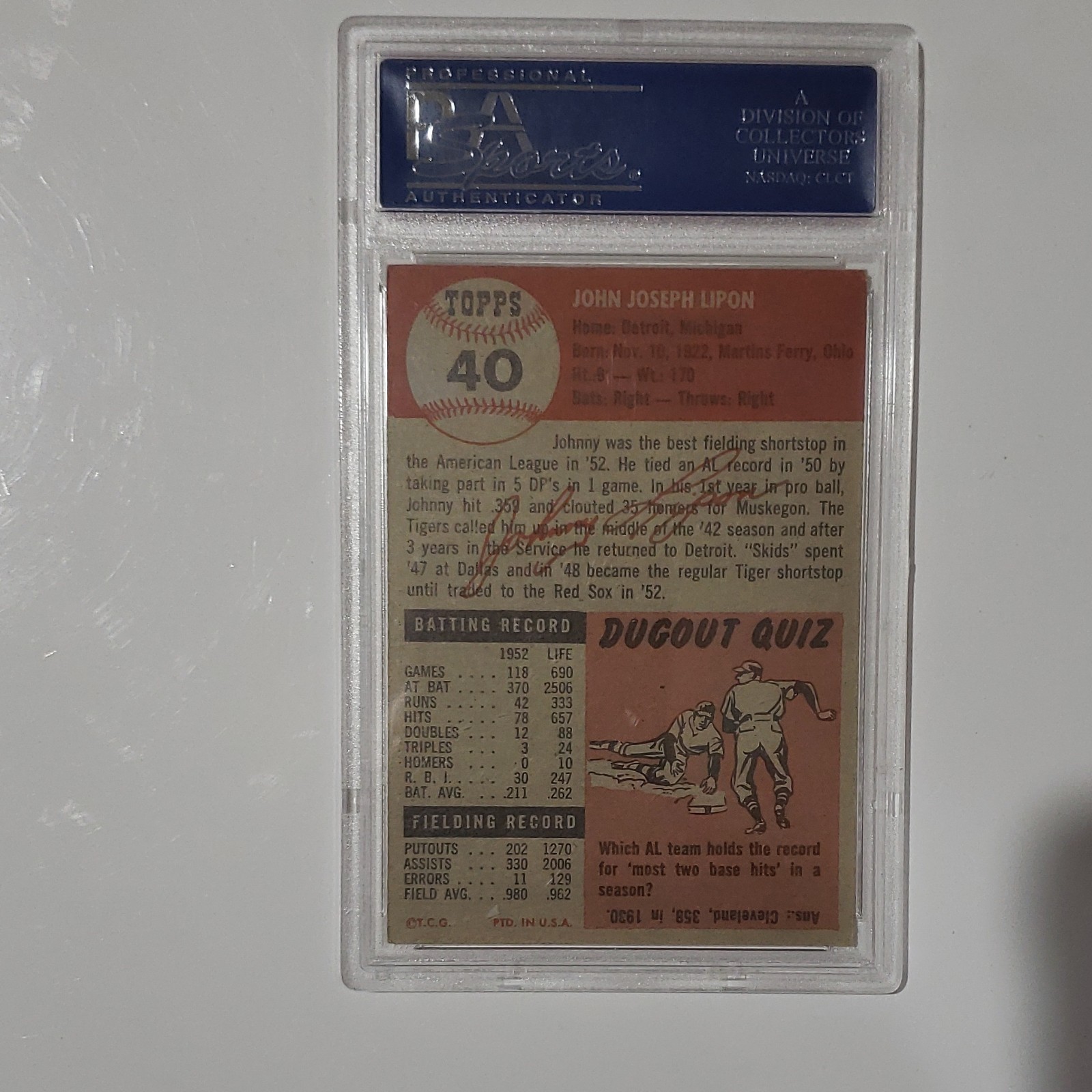 Topps 1953 John Lipon #40 PSA 4 VG-EX Boston Red Sox Baseball Vintage view 2