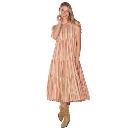 Linda Anderson Rose Gold Metallic Striped Tiered Midi Sundress Women's L
