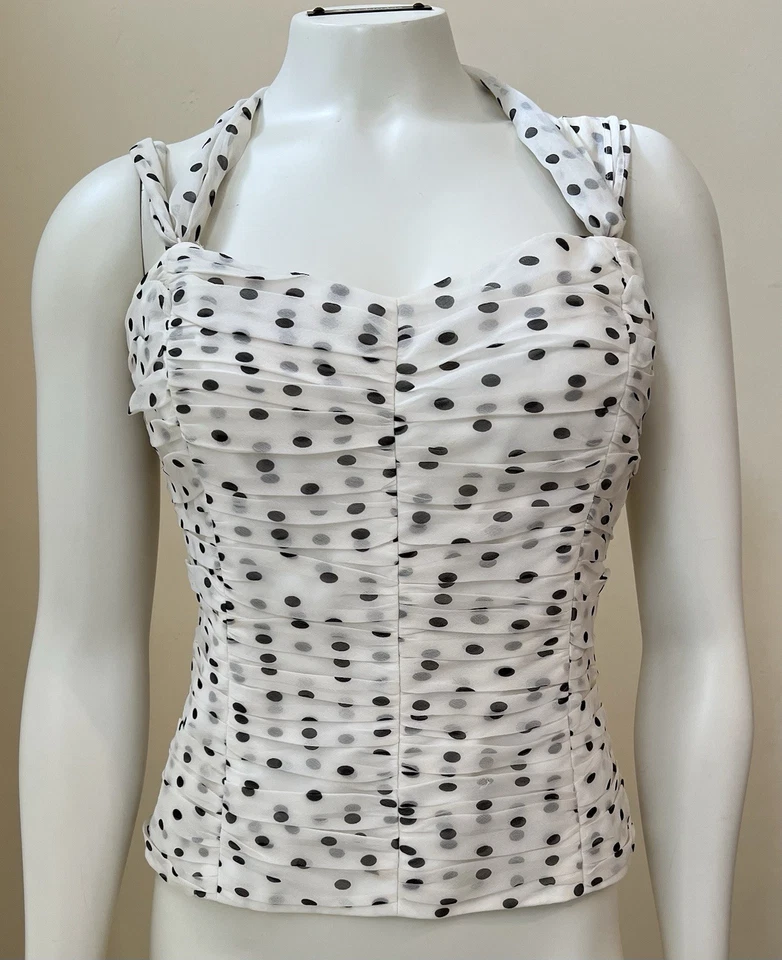 Top Corsé Maggy London De Colección Años 80 Con Talla 6 Seda Crema Negro Lunares Acanalado Foto 2 de 4