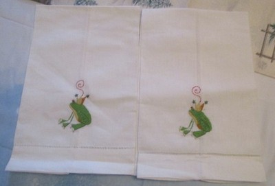 2 Machine Embroidered King Frog Guest Towels - 60/40 Linen Cotton