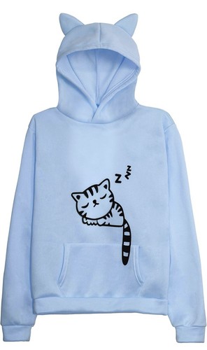 SUPER Cute Sleeping Cat Hoodie Sweatshirt With Ears Front Pocket Sz L