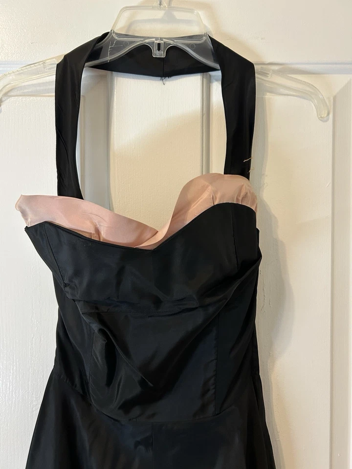 VTG 1950s SZ S Handmade black Satin acetate halter dress Pink Trim NEEDS REPAIRS - Image 2 of 4