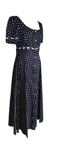 Escada, ESCADA VINTAGE DRESS NAVY BLUE-WHITE DOLPHIN PRINT ROPE DETAIL MAXI SIZE 38