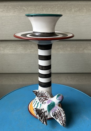 Vintage LeStudio Page Thorbeck Bird Stripes Art Pottery Candlestick Whimsy 9"