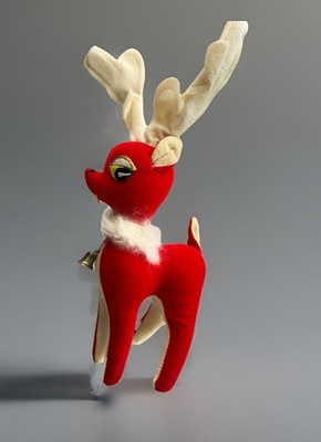 Vintage Red Reindeer Velveteen Plush Figure Christmas  Japan MCM 11'' Kitschy