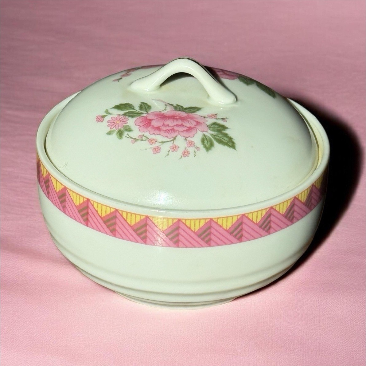 Ceramic Floral Sugar Bowl with Lid, Pink Green Yellow Glossy Round Pottery