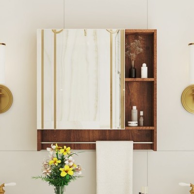 Wall-mounted storage cabinet A storage cabinet above the toilet with a towel rac
