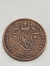 BELGIUM 2 CENTIMES 1874 LEOPOLD II,DES BELGES FRENCH,CROWNED DESIGN,DATE