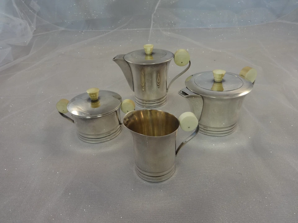 Juego de té francés Art Deco de plata de ley .950 café azúcar crema #0145 Foto 3 de 4