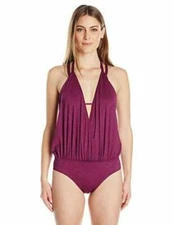 Athena Tulum Texture Jadyn Blouson Plunge Floating UW SC Swimsuit  S Merlot