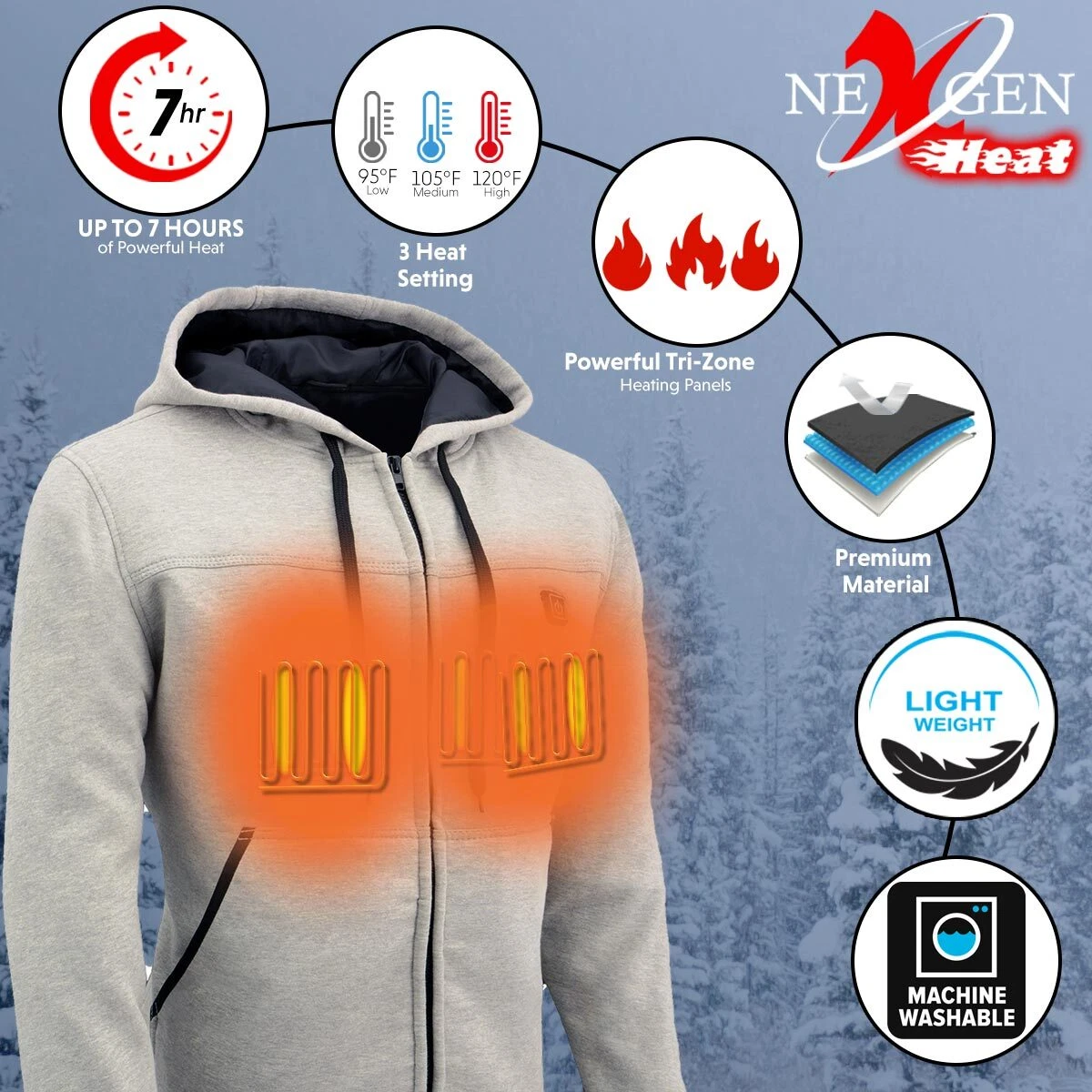 Nexgen Heat 1714 Men’s Heated Technology Silver Hoodie Jacket with Battery Kit