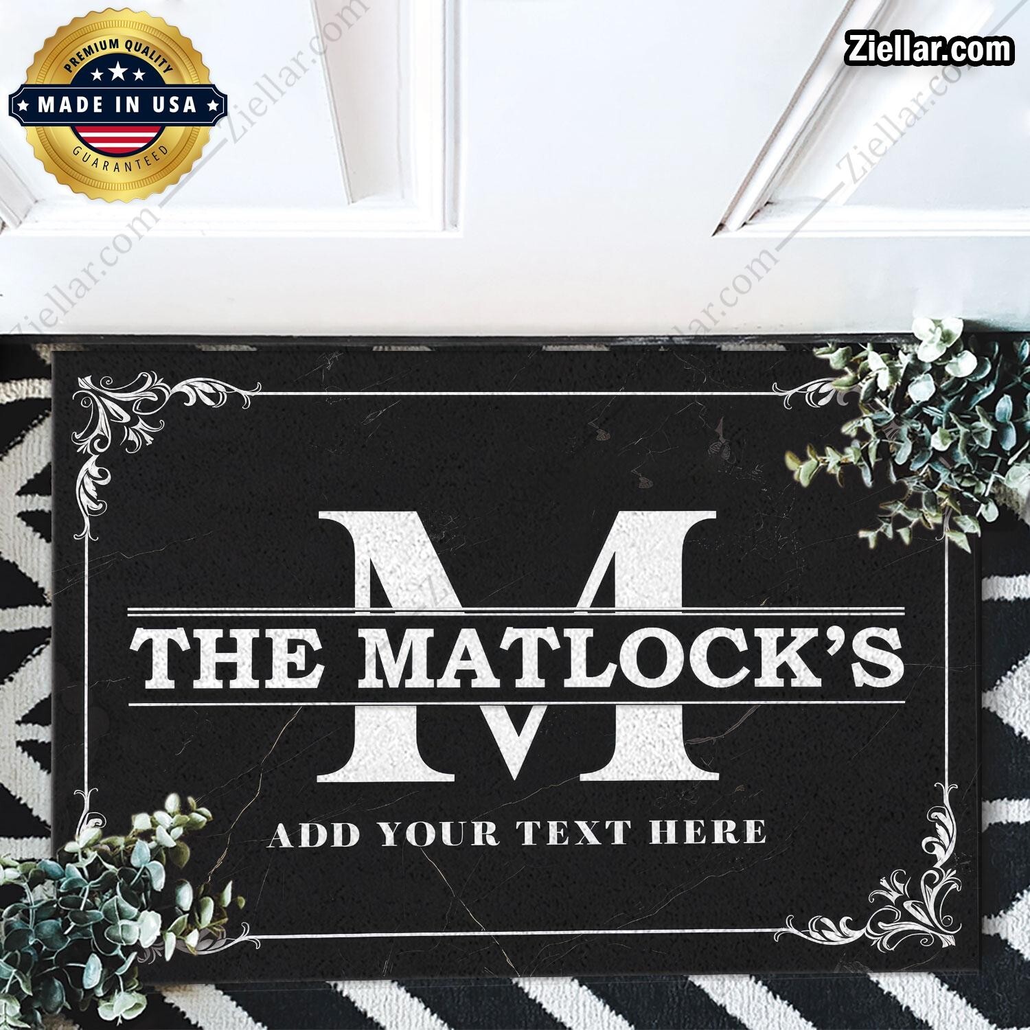 Elegant Personalized Family Doormat with Black Base and Custom Name Detail