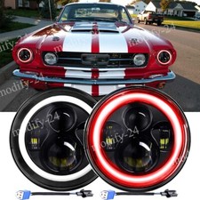 Pair 7" Inch Round LED Headlights Red/Amber Halo DRL Fit Ford Mustang GT Coupe
