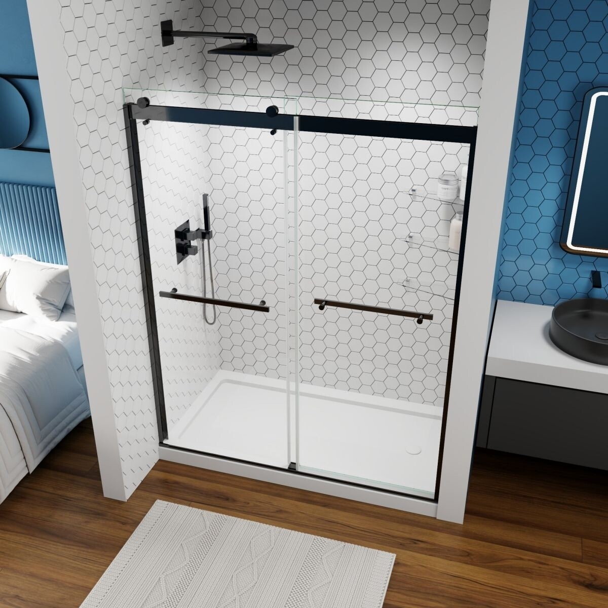 Exroll Sliding Shower Door 60X74 Clear Tempered Glass Matte Black Handles