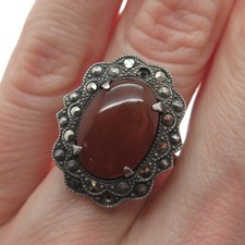 925 Sterling Silver Antique Carnelian Marcasite Ring Size 6.25 missing 1 stone 