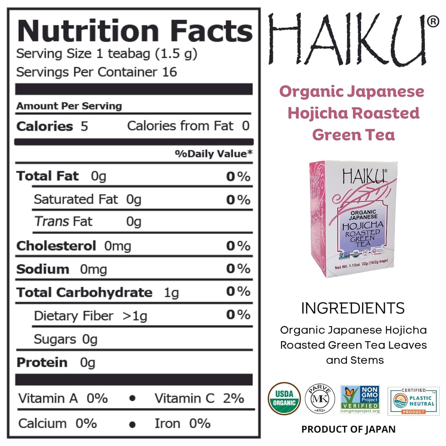 Haiku Japanese Hojicha Roasted Green Tea, 100% Organic, 16 Count Tea Bag, 1.13