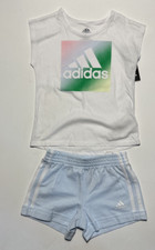ADIDAS Girl s 2pc Athletic Set White T Shirt  Blue Shorts-Size 2T NEW 36