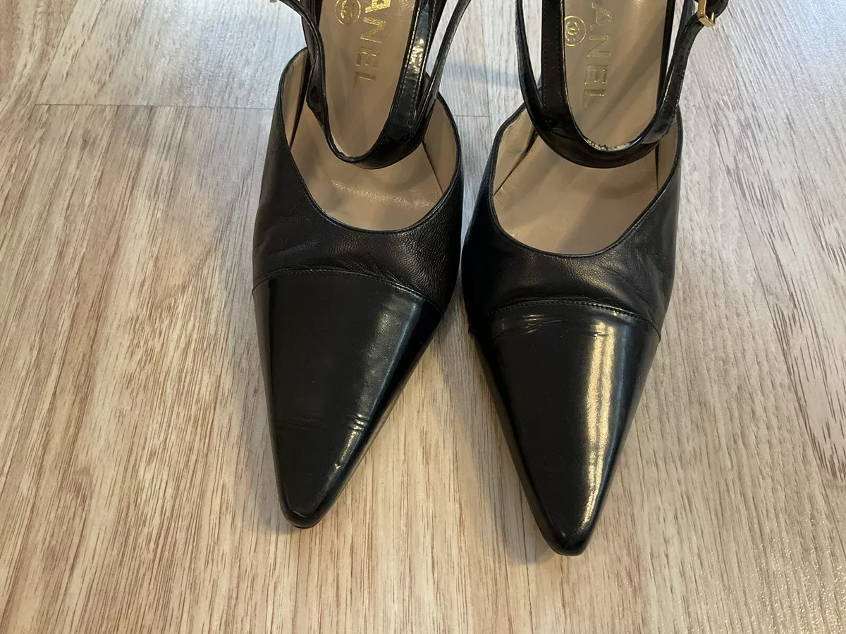 Chanel Shoes Heels Black Leather Size 36.5 Finition Main Women's