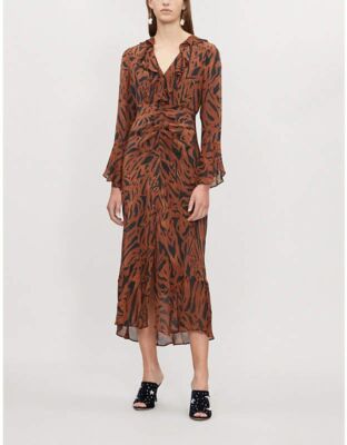 rixo green tiger dress London size S Colleen ruffled tiger-print silk-chiffon midi 065509 Sleeve-length:LONG