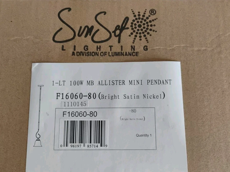 Sunset 1-Bulb Allister Mini Pendant 100W Light - Bright Satin Nickel F16060-80 - Image 2 of 2