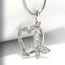 NEW CRYSTAL HEART  BUTTERFLY PENDANT NECKLACE WHITE GOLD PLATED