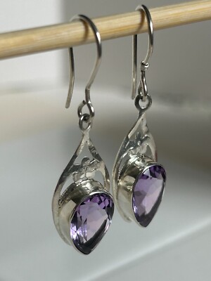 Vera Wolf Sterling Silver 925 and Purple Gemstone Dangle Pierced Earrings
