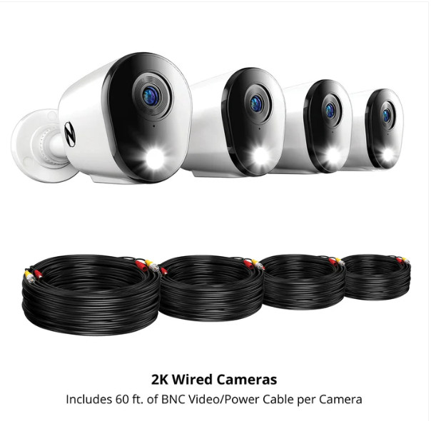 Pack of 4 Night Owl, CM-FTD4LS-B 2K 2560x1440 (4MP) Wired Camera with Cables