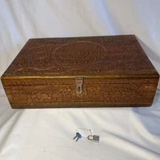 Large Anglo Raj Carved Wooden Chest / Jewelry  Box 18" L x 12" W x 5" H Lined