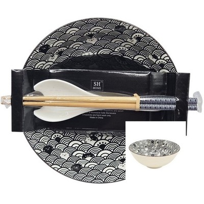 SH Home Black Waves Cats Ceramic Ramen Noodle Bowl 43oz With Chopstick And Spoon