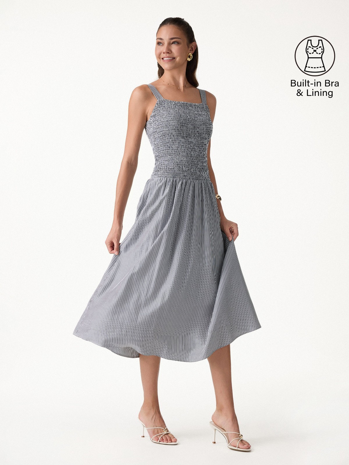 FLASHSALES Striped Poplin Square Neck Smocked Midi Bra Dress Grey White