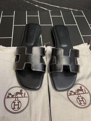 Hermes Oran Slip-On Sandals Women Size EU 38/US 8 Black