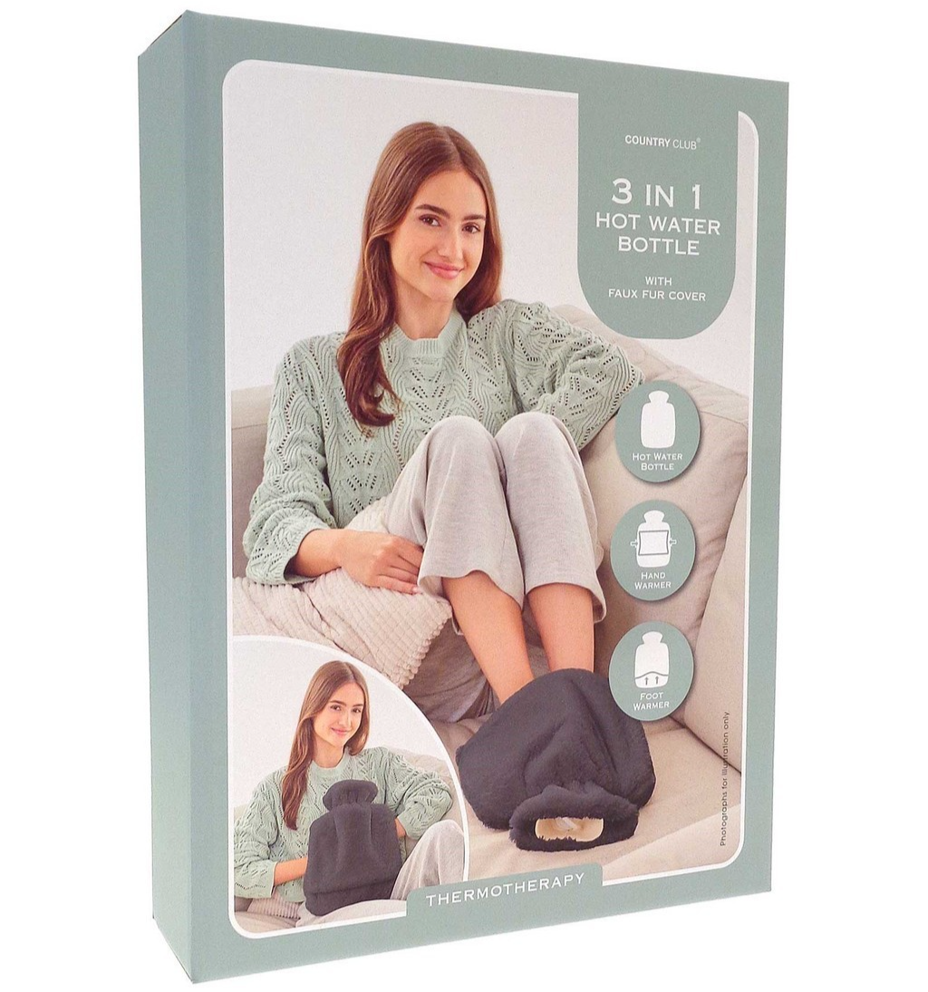 Country Club Grey Faux Fur 3 in 1 Hot Water Bottle.  Hand Warmer & Foot Warmer