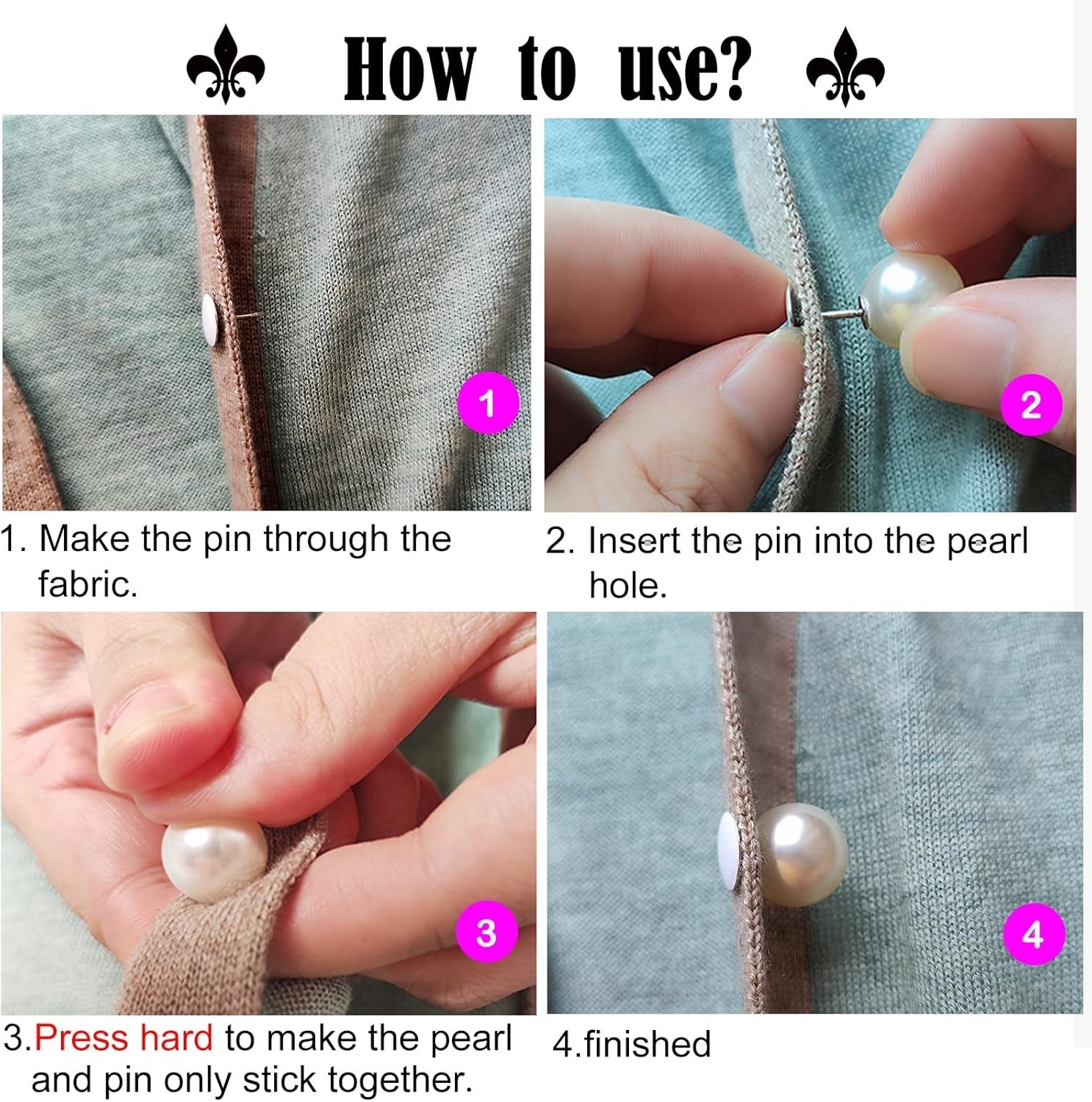 30 Sets 10mm No Sew Black Pearl Buttons Brooch Pins Pearl Rivets No Tools Det...