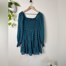 Urban Outfitters Smocked Mini Dress Plaid Teal Long Sleeve Peasant Boho Size M